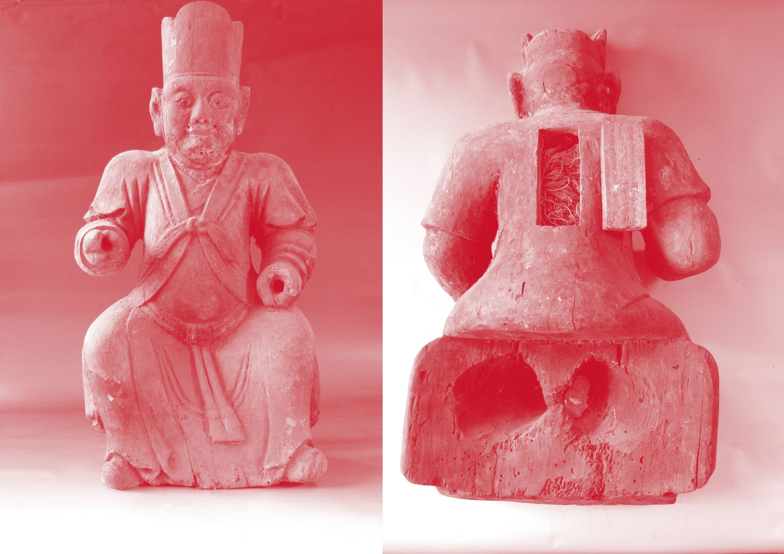 Statue de Zhou Fakui Liulang 周法魁六郎, 1594, h. ca 40–45 cm, collection privée, vues de face et de dos. Photographie : Alain Arrault.